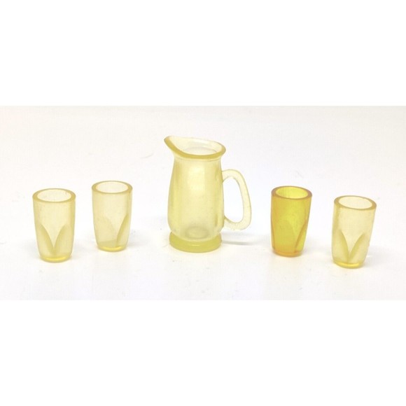 Vintage Barbie 70s 80s Mattell Translucent Amber Pitcher 4 Drinking Glasses Set - Picture 1 of 7